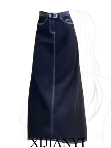 Retro Original Color Deep Blue Denim A-Line Midi Skirt Womens Spring Autumn plus Size Commute Versatile Slimming Skirts