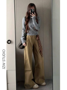 Khaki Low Waist Wide Leg Denim Jeans Women Loose Slimming Drapey Straight Workwear Trousers Trendy American Style Casual Jeans