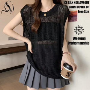 Korean Style Bikini Cover Up Swimsuit Coverup For women  Ice Silk Hollow Thin Out Hollow Solid Color Top Slimming  Sunscreen Crew Neck Summer Outfit Vest For Women Layering Versatile Sleeveless Knitted Crochet Top Plus Size Loose Beach Wear Outfit