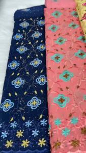 African Cotton Lace Fabric Gray with Orange Blue Embroidery High Quality Nigerian Dry Lace with Stones for Wedding Party Dress