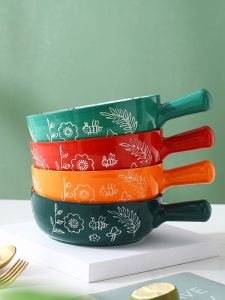 Hand-Painted Cartoon Handle Bowl Ceramic Salad Bowl Dining Utensils Cute Girls Heart Soup Bowl round Shape Plant Floral Pattern