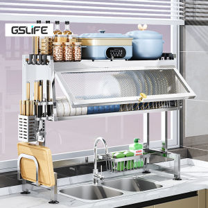 GSLIFE Rak Piring Wastafel 304 Stainless Steel Rak Piring Tertutup Cuci Piring Rak Dapur Rak Mangkuk Piring Dengan Aksesori