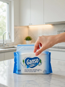 GANSO CLEANING WIPES 60 COUNT NON-FRAGRANT ALCOHOL-FREE PLANT-BASED HYPOALLERGENIC FOR KITCHEN USE.