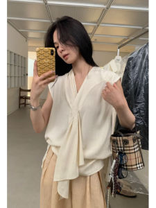 YUEZHONGWEI | French V-neck Draped Sleeveless Loose Womens Shirt Summer Design Sense Slimming Loose Feeling Top Commute Style Pure Color