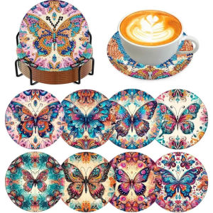 Bộ Đế Lót Ly Hình Bướm Đính Kim Cương 8 Miếng Thảm Đựng Đồ Uống Chịu Nhiệt Bằng Kim Cương Giả Lấp Lánh Có Giá Đỡ Thủ Công DIY