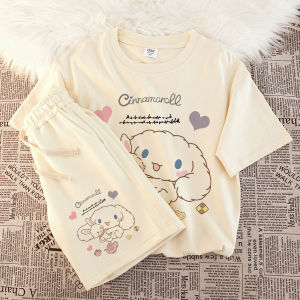 Summer Casual Cartoon Cinnamon Dog Short Sleeve T-Shirt Set Thin Pants Two-Piece Childrens Clothing Set for Girls