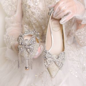 French Silver Bride Shoes for Women Elegant Princess Wedding Crystal Shoes with Butterfly Knot and High Heels Fine Tie Design