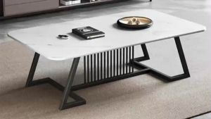 Bàn trà đơn Sofa phòng khách mặt đá chữ nhật chân kim loại chữ X có các nan sọc BT-04 sang trọng hiện đại