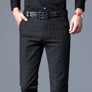 Korean Style Mens Casual Pants Plaid Versatile British Style Slim Straight Summer Business Trousers Youth Popular Cotton Polyester Blend