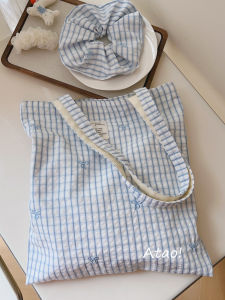 Blue Plaid Butterfly Knot Canvas Shoulder Bag Korean Style Fresh College Cotton Bag Womens Bag Japanese Style Versatile