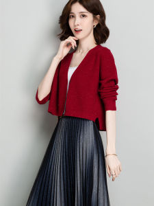 Red Knitted Open Cardigan Womens Short High Waist Spring Autumn Skirt Compatible Outerwear Small Size Sweater Jacket
