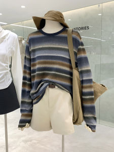 Retro Lazy Style Gradient Stripe Long Sleeve Knitted Sweater Comfortable Loose Versatile Early Autumn New Arrival Womens Top