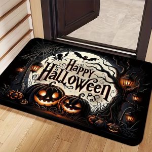 VIKAMA Gothic Halloween Pumpkin Bat Flat Entry Mat Non Slip Absorbent Rug Front Door Bedroom Holiday Home Decor