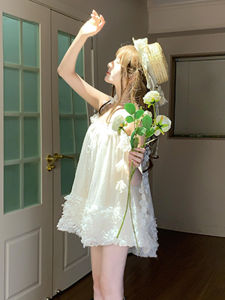 Fay Romantic Lace Floral Print Halter Dress Women High Waist Puffy Short Dress Gentle Primal Style City Walking Suitable Summer