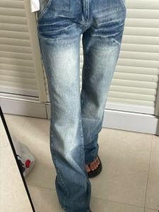 Quần Jeans Nữ Ống Loe Cạp Cao Phong Cách Retro Mỹ Quần Dài Dài Đến Sàn Có in Thẻ Lá Lá Mùa Thu Mới Cao Cấp