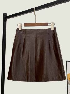 Retro Tannery Leather Mini Skirt Womens Slim Fit High Waist A-Line Skirt Bodycon Skirt Street Style Sheep Skin Short Skirt