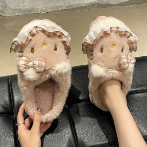 MONLEYTA | Japanese Cotton Slippers Womens Autumn Winter Cute Ruffle Butterfly Knot Cat Indoor Home Plush Warm Headed Slippers