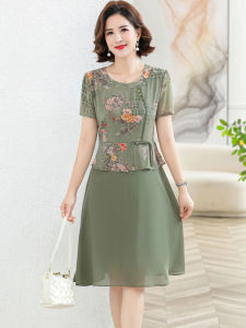 Fashionable Midlife Womens Chiffon Dress Summer New Style Print Slimming Inner Lined Skirt Loose Fit round Neck Short Dress