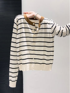 Spring Fashion Elegant Contrast Color Round Neck Striped Long Sleeve Knitted Top