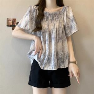 WANGGONGZHU | French Collar Tie Dye Slimming Short Sleeve Womens Chiffon Shirt Summer Fashion Top Korean Style Loose Fit Commute Wear