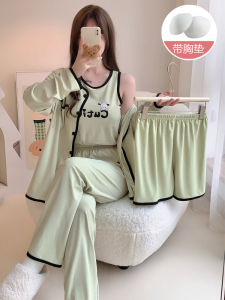 Padded Pajamas Womens Spring and Autumn Cotton Long Sleeves Four-Piece Summer Strap Cute Cartoon Casual Homewear