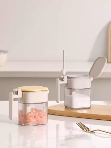 Glass Spice Jar Flip Lid Spoon with Thick Food Grade Glass Yellow Handle Sealed Lid Kitchen Utensil for Cooking.