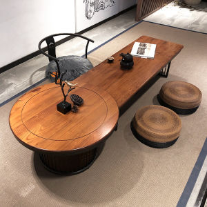 Rustic Chinese Style Low Tea Table Set round Solid Wood Tea Table Zen Tea Stage Windowledge Japanese Tatami Tea Table Artistic Style
