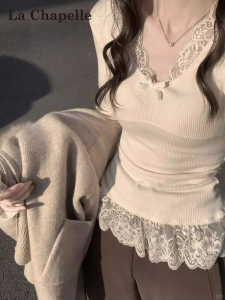 La Chapelle | Chic Lace Trim Long Sleeve T-shirt Slimming and Warm