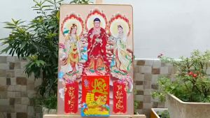 Lịch gỗ 2027 lịch tráng gương Tây Phương Tam Thánh bìa gỗ bọc viền nhôm vàng sang trọng