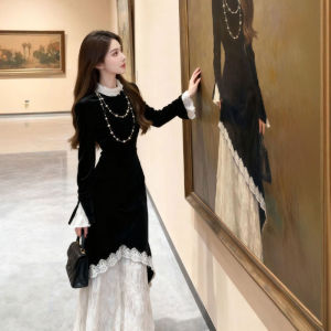 CHANGTONG | Vintage Chinese Style Black Lace Velvet Fitted Long Dress