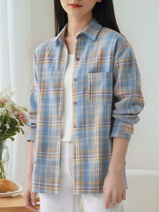 Blue Plaid Long Sleeve Shirt Women Loose French Style Inner Wear Spring Autumn New Design Casual Cotton Blend Button up
