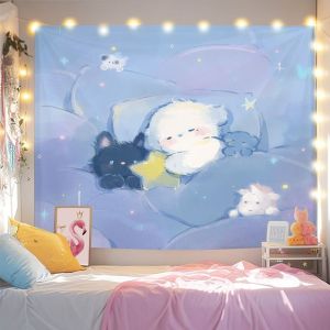 VIKAMA Pink Watercolor Cloud Puppy Tapestry Dreamy Soft Cute White Puppy Star Healing Background Cloth Warm Tapestry Room Decor