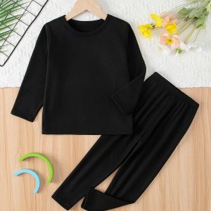 Bộ Đồ Lót Giữ Nhiệt 2 Món Dành Cho Trẻ Em Bộ Đồ Ngủ Thông Thường Cổ Tròn Màu Trơn Dành Cho Bé Trai Và Bé Gái Hỗn Hợp Polyester Thoải Mái Cho Mùa Thu Đông