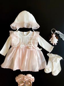 Sweet Princess Skirt for Baby Girls Spring Autumn Cotton Lycra Butterfly Bow Full Month One Hundred Days Birthday Dress