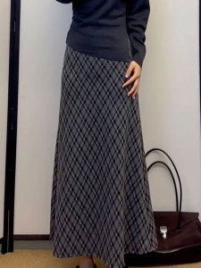 MANMI | Chân Váy A-Line Plaid Thu Cao Waist Slimming Dài