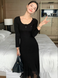 Black Round Neck Slimming Elegant Long Dress