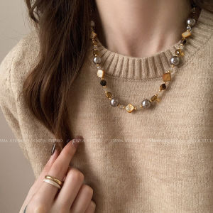 Tiger Eye Stone Beaded Sweater Chain Womens Spring Vintage Gentle High-End Luxury Necklace Accessories Korean Style Fashion Jewelry
