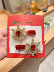 กิ๊บติดผมทรงหินน้ำแข็งสีแดงประดับเพชรสำหรับเด็กผู้หญิง ปีใหม่ ประดับขนแกะ เครื่องประดับผมสไตล์เจ้าหญิงสุดสง่างาม