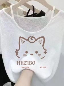 เสื้อยืดแขนสั้นผ้าตาข่ายทรงหลวมสไตล์อเมริกันสำหรับผู้หญิงในฤดูร้อน เสื้อเชิ้ตแขนสั้นบางโปร่งใส เสื้อคลุมคอวีลายดอกไม้