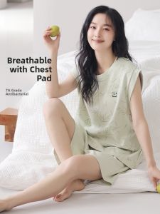 Miiow | Pure Cotton Summer Sleepwear Set For Women With Chest Pad No Sleeve Vest Shorts Home Clothes Sport Style Casual Thin Cotton