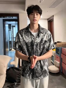 OUMULONG | Áo Sơ Mi Tay Ngắn Voan Thoáng Khí Tie-Dye Màu Đen