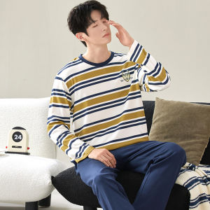 Men Pajamas Mens Spring and Autumn 100% Pure Cotton Long Sleeves Minimalist Autumn and Winter plus Size Can Be Outerwear Homewear Suit