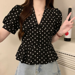 Plus Size Summer New Peter Pan Collar Polka Dot Puff Sleeves Chiffon Tops Slightly Oversized Girls Slim Looking Easiest for Match Short Sleeve Shirt for Women