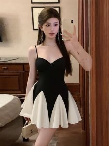 GUZILIAN | French Elegant Slim Fit Low Cut Strap Dress Women Black White Color Block Waist Cinch Flared Short Skirt Korean Style Commute