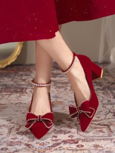 Xiaoaige Red Wedding Shoes Xiuhe Clothing Two-Way Wear High Heels Bridal Shoes New Arrival Pregnant Women Chunky Heel Chinese Style Wedding Shoes