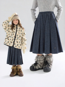 MUCMUKN | Plaid Tweed Pleated Skirt Navy Gray