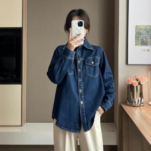 Womens Denim Shirt Jacket Loose Casual Mid-Length Pure Cotton Feel Deep Blue Versatile Top Spring Fashion Outerwear