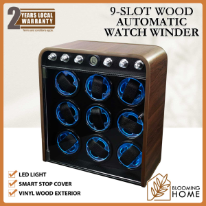 [2 YEARS LOCAL WARRANTY] 9-Slot Wooden Style Automatic Watch Winder w/ LED Light + Anti-magnetic Technology &  Silent Operatiob