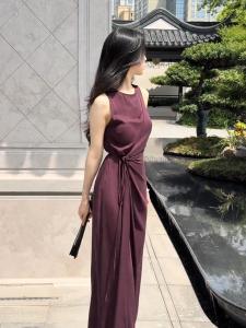 ชุดเดรสยาวคอตั้งแขนกุดสไตล์ฝรั่งเศส ชุดกระโปรงผู้หญิงฤดูร้อน ชุดกระโปรงยาวเอวสูงหรูหรา ชุดกระโปรงสองชิ้น