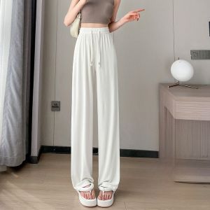 JIANGLU | High Waist Wide Leg Pants Women Summer Loose Casual Thin Sport Long Trousers Ice Silk Drapey Straight Cut Polyester Fiber